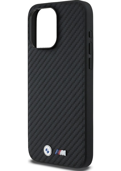 iPhone 15 Pro Max Uyumlu Kılıf Bmw Lisanslı Karbon Fiber ve Metal Logolu Pu Deri Kapak Siyah