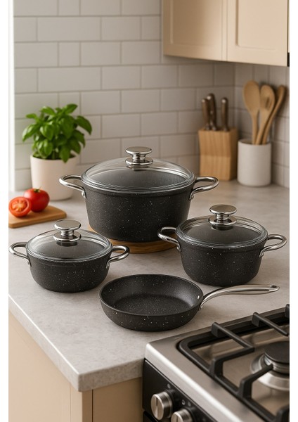 Stone Bio Granit 7 Parça Tencere ve Tava Seti Siyah