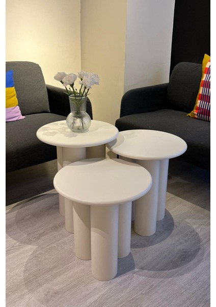 Linen Mantar Yan Sehpa 3'lü Set Krem modelleri