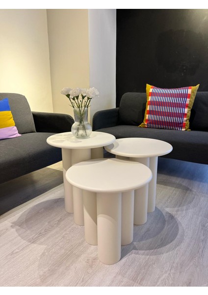 Linen Mantar Yan Sehpa 3'lü Set Krem