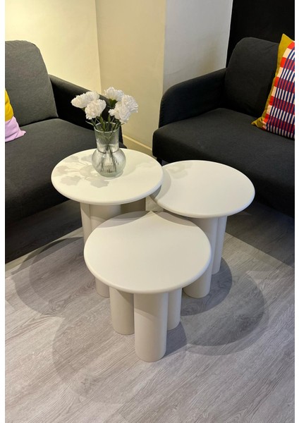 Linen Mantar Yan Sehpa 3'lü Set Krem fırsatları