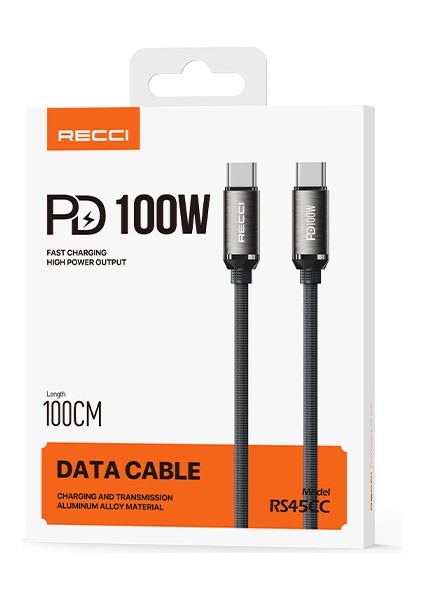 RS45CC Type-C To Type-C Pd 100W Örgü Tasarımlı Hızlı Şarj Özellikli Data ve Şarj Kablo 1m Gri