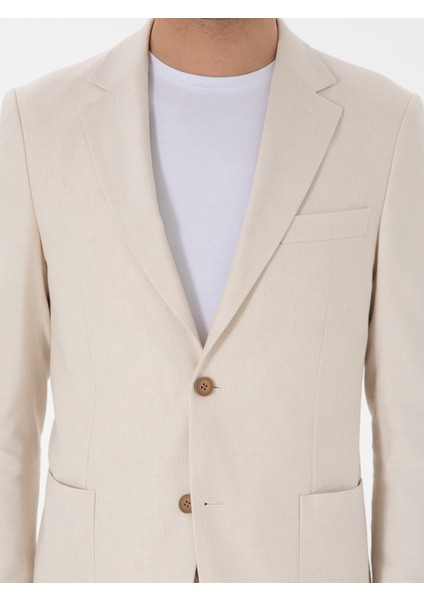Erkek Ekru Slim Fit Keten Karışımlı Takım Elbise 50306891-VR019