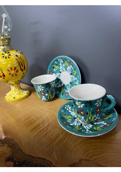 El Yapımı - 4 Parça 2 Kişilik Kahve Fincan Takımı 80 Ml- Desenli Seramik Türk Kahve Bardağı