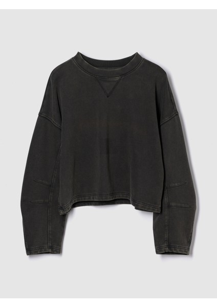 Kadın Siyah Heavyweight Fransız Havlu Kumaş Barrel Kol Sweatshirt