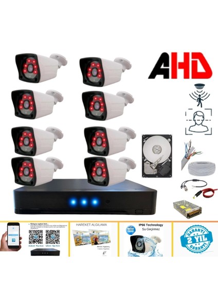 8 Dış Kameralı 2 Mp Hareket Algılama H.265+ 320 GB HDD Dahil Ahd Güvenlik Seti- ST28320M