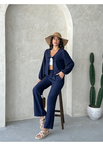 Kadıngiyim Keten Bağlamalı Alt Üst Takım modelleri