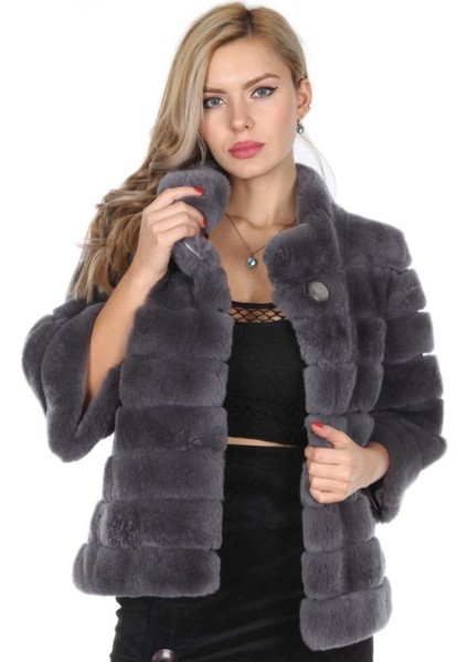 Hakiki Deri Gri Kürklü Kadın Deri Mont