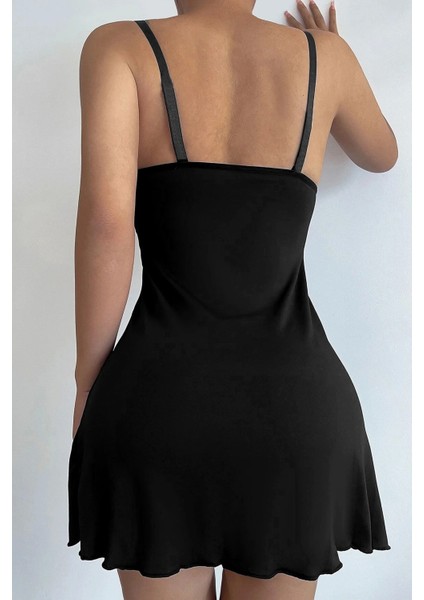 Kadın Siyah Askılı Beli Dantelli Göğsü Fiyonklu Şık Gecelik fiyatları