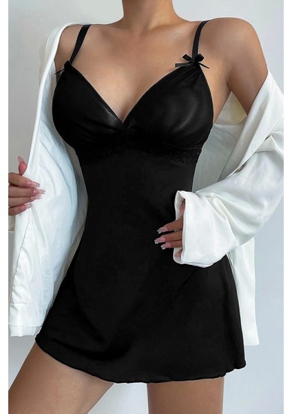 Kadın Siyah Askılı Beli Dantelli Göğsü Fiyonklu Şık Gecelik modelleri