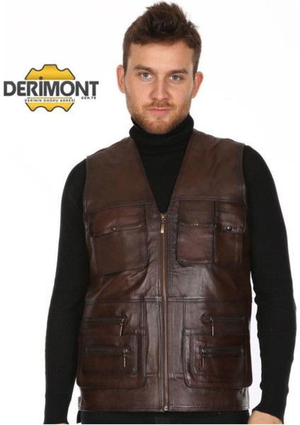 Hakiki Deri Kahverengi Avcı Erkek Deri Yelek