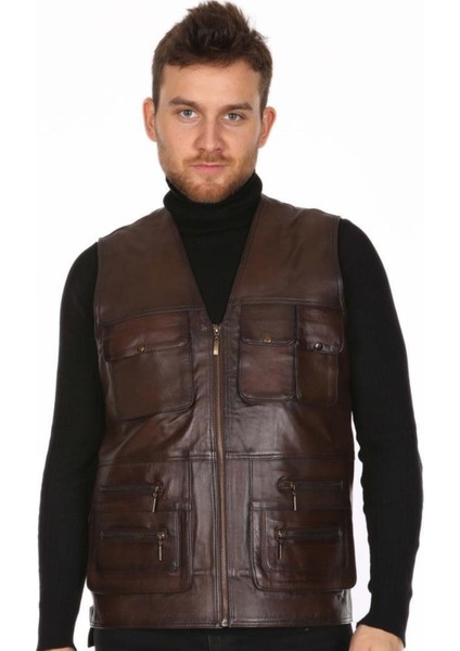 Hakiki Deri Kahverengi Avcı Erkek Deri Yelek fiyatları