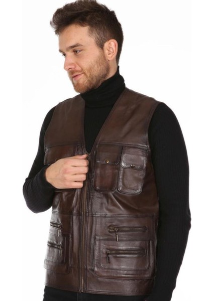 Hakiki Deri Kahverengi Avcı Erkek Deri Yelek modelleri