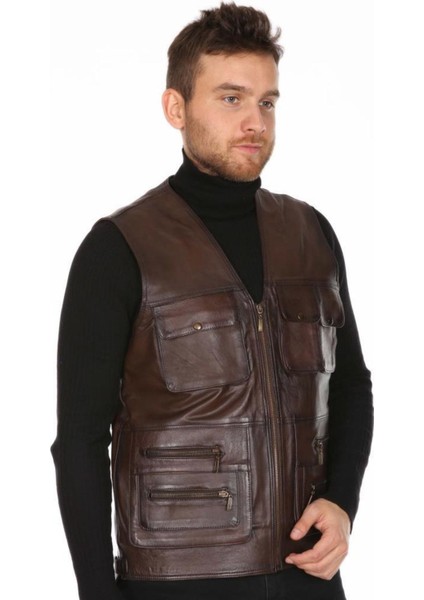 Hakiki Deri Kahverengi Avcı Erkek Deri Yelek fırsatları