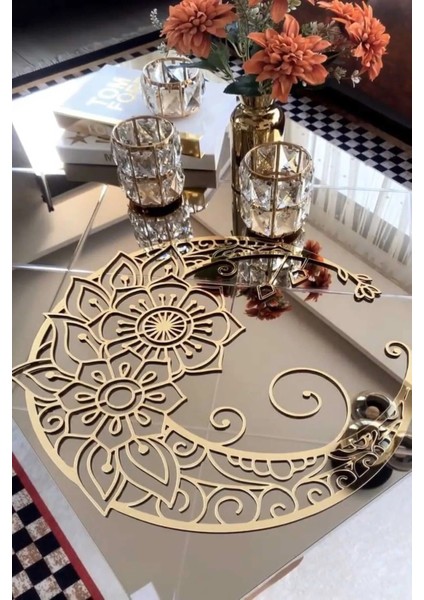 Mandala Ay Mdf Üzeri Gold Pleksi Duvar Dekorasyon Lazer Kesim 49X49 cm