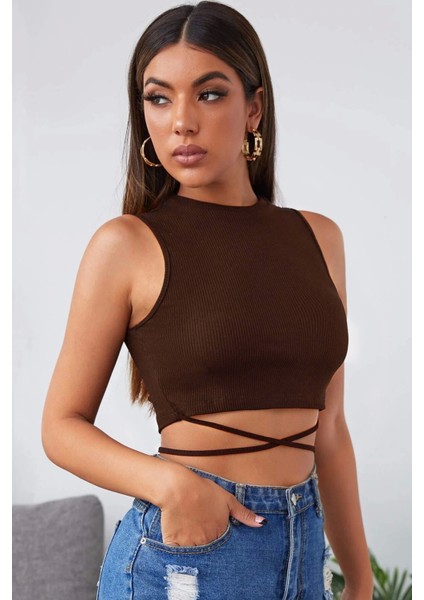 Kadın Kahverengi Çapraz Bağlamalı Crop Top Büstiyer modelleri