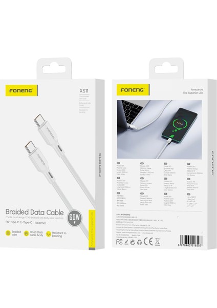 Samsung Huawei Xiaomi iPhone Uyumlu 60W Type-C To Type-C 1 Metre Foneng Örgü Hızlı Şarj Data Kablosu