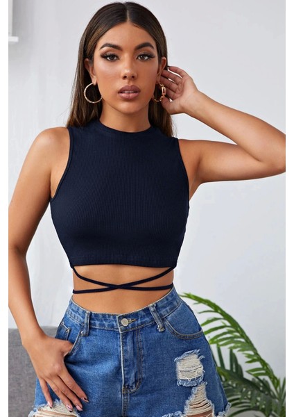 Kadın Lacivert Çapraz Bağlamalı Crop Top Büstiyer