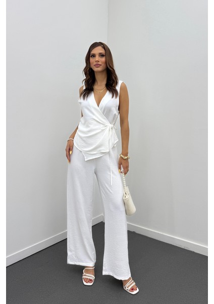 Megha Beyaz Müslin Kruvaze Bluz ve Pantolon Takım