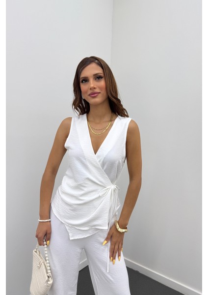 Megha Beyaz Müslin Kruvaze Bluz ve Pantolon Takım modelleri