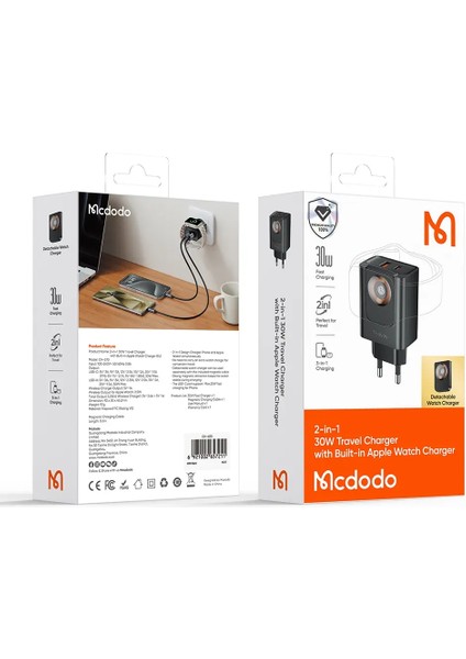 CH-3700 30W 2'si 1 Arada Kablosuz Apple Watch ve Seyahat Şarj Adaptörü indirimleri