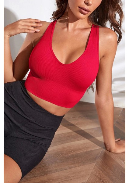 Kadın Kırmızı Derin Göğüs Dekolteli Şık Crop Top Bluz indirimleri