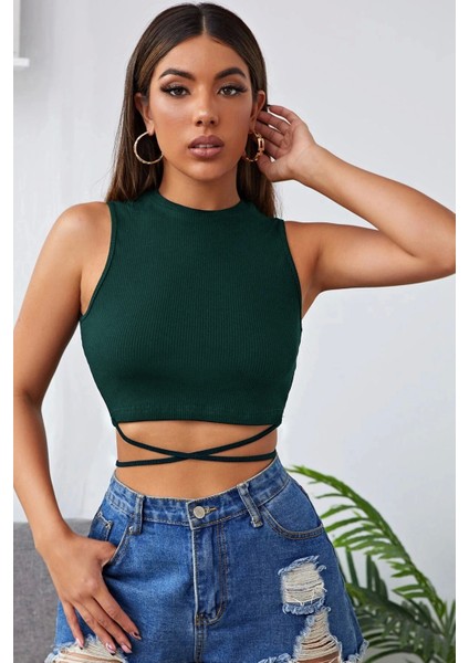 Kadın Yeşil Çapraz Bağlamalı Crop Top Büstiyer