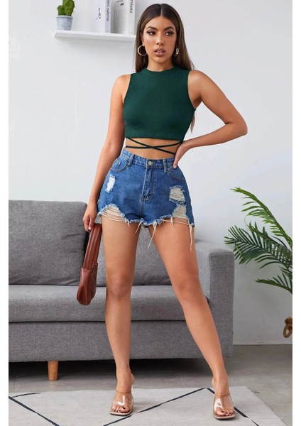 Kadın Yeşil Çapraz Bağlamalı Crop Top Büstiyer indirimleri