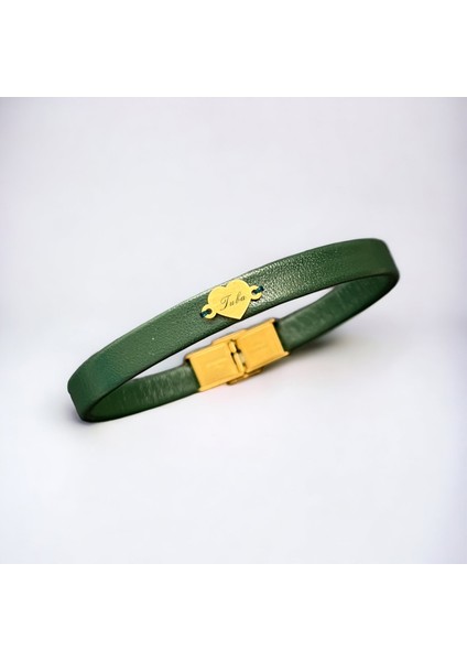 Altın Plakalı 14 Ayar Tuba Ismine Özel Doğal Yeşil Derili Kalp Motifli Hediye BILEKLIK-431ISIM