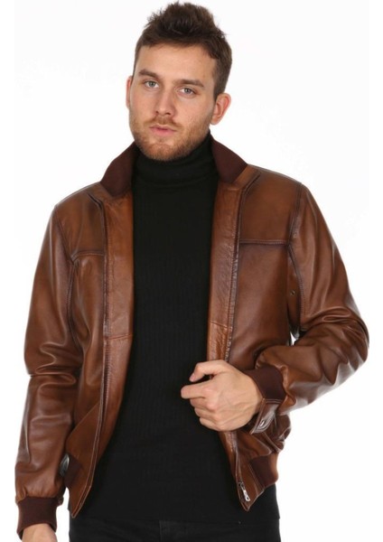 Hakiki Deri Kahverengi Bel Yaka Lastikli Erkek Deri Ceket