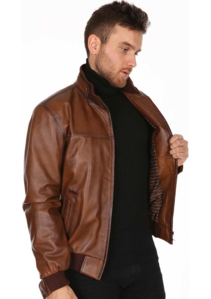 Hakiki Deri Kahverengi Bel Yaka Lastikli Erkek Deri Ceket fiyatları