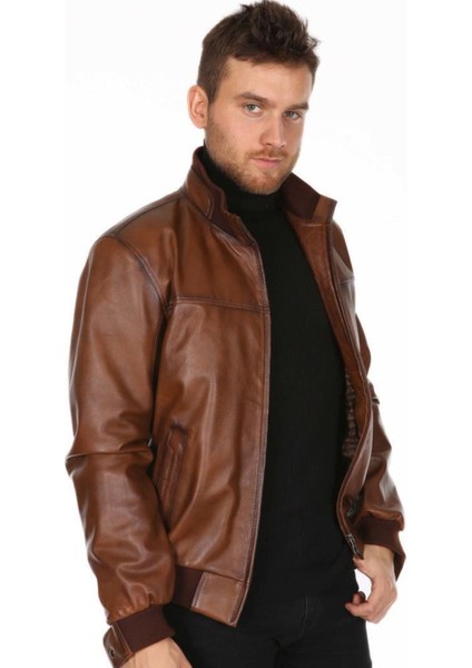 Hakiki Deri Kahverengi Bel Yaka Lastikli Erkek Deri Ceket modelleri