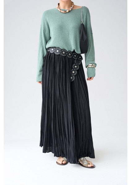 Yüksek Bel Piliseli Uzun Etek Siyah modelleri