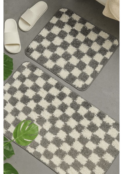 Damalı Desen Banyo Paspası Kaymaz Taban 60X100-60X50 Yıkanabilir