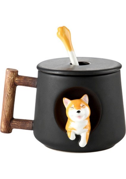 420ML Karikatür Seramik Kupa Sevimli 3D Shiba Inu Köpek Kapaklı Kaşık Süt Çay Yaratıcı Kahve Fincanı (Yurt Dışından)