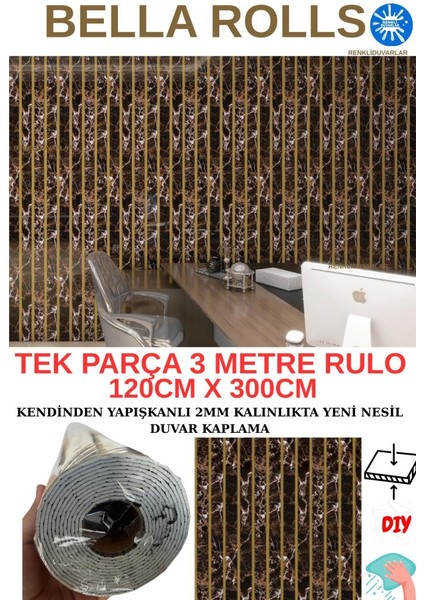 120CMX300CM Tek Parça Yapışkanlı Rulo Gold Çizgili Mermer Desenli Duvar Paneli Kağıdı Beykent QM0134