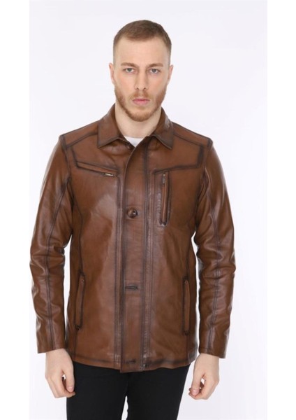 Hakiki Deri Kahverengi Blouse Gömlek Yaka Erkek Deri Ceket
