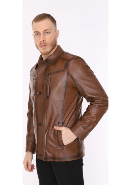 Hakiki Deri Kahverengi Blouse Gömlek Yaka Erkek Deri Ceket fiyatları