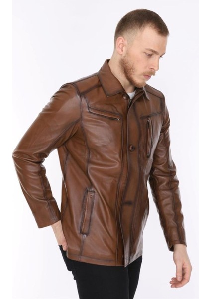 Hakiki Deri Kahverengi Blouse Gömlek Yaka Erkek Deri Ceket modelleri