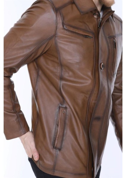 Hakiki Deri Kahverengi Blouse Gömlek Yaka Erkek Deri Ceket fırsatları