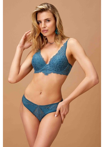 Balenli Dantelli Destekli Push-Up Sütyen Takım 4425 Indigo