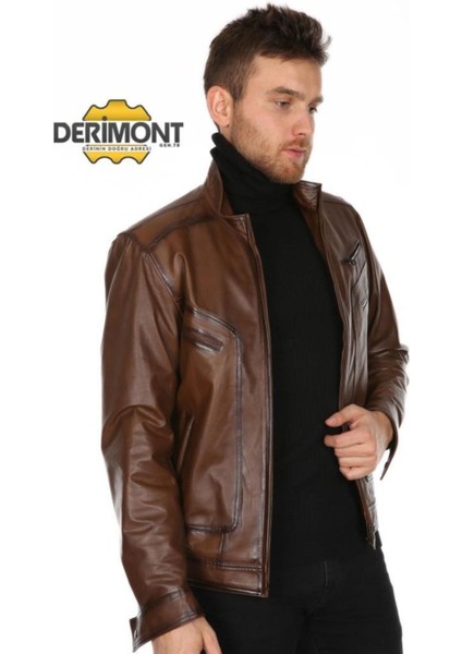Hakiki Deri Kahverengi Calvin Dik Yaka Erkek Deri Ceket