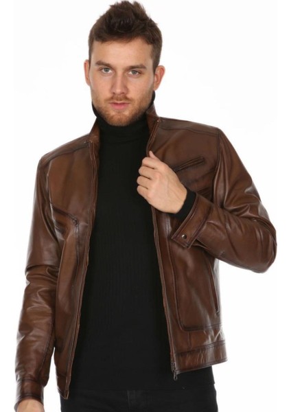 Hakiki Deri Kahverengi Calvin Dik Yaka Erkek Deri Ceket modelleri