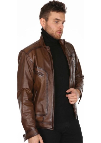 Hakiki Deri Kahverengi Calvin Dik Yaka Erkek Deri Ceket fırsatları