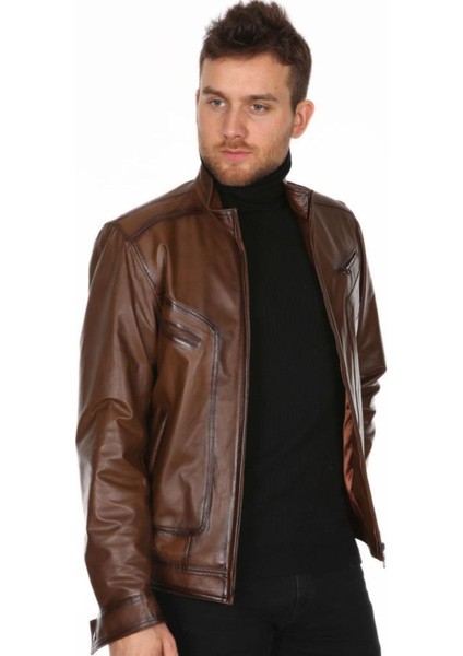Hakiki Deri Kahverengi Calvin Dik Yaka Erkek Deri Ceket indirimleri