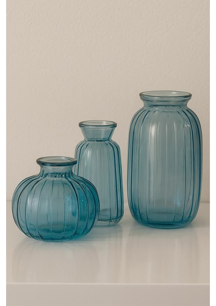 Dekoratif Minimalist 3'lü Cam Vazo Turkuaz