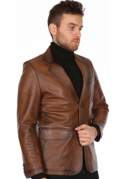 Hakiki Deri Kahverengi Casual Düğmeli Erkek Deri Ceket modelleri