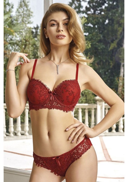 4487 Kadın Dantelli Destekli Sütyen Külot Takım-Bordo