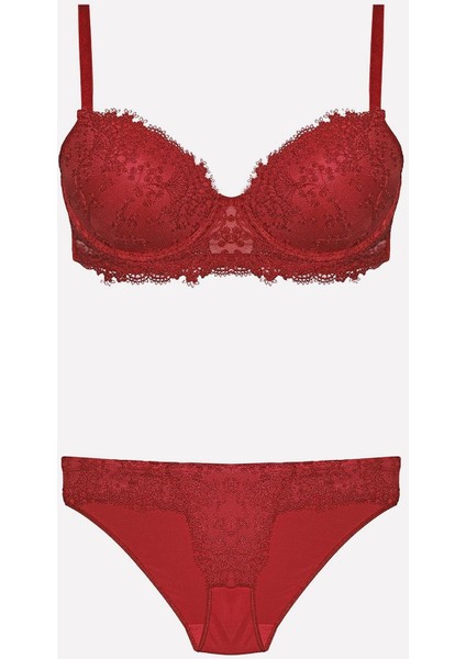 4487 Kadın Dantelli Destekli Sütyen Külot Takım-Bordo fiyatları