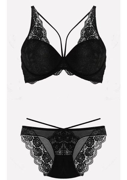 Kadın Siyah Destekli Danteli Büstiyer Takım Set 4426